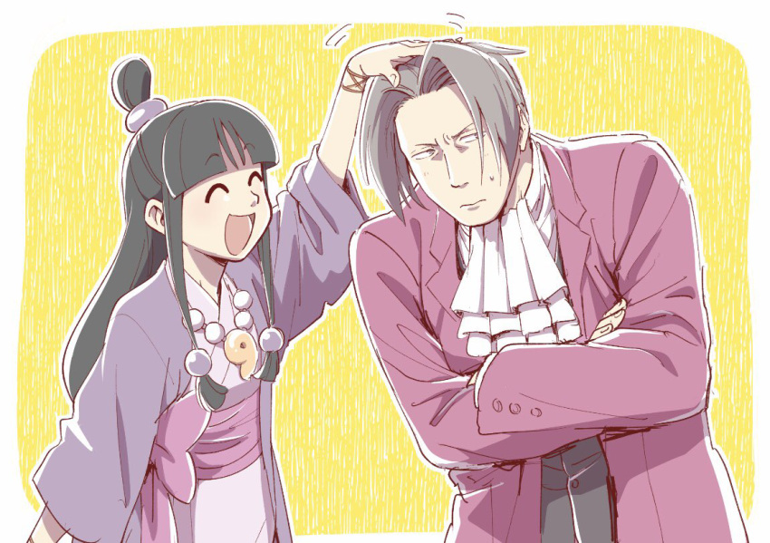 1boy 1girl :d ^_^ ace_attorney arm_up ascot averting_eyes black_hair black_vest blunt_bangs closed_eyes collared_shirt commentary_request crossed_arms facing_another grey_eyes grey_hair hair_intakes hair_ornament half_updo hanten_(clothes) headpat jacket japanese_clothes jewelry kimono long_hair long_sleeves magatama magatama_necklace maya_fey miles_edgeworth necklace obi open_mouth parted_bangs pink_sash purple_jacket red_jacket sash shirt short_hair sidelocks smile sweatdrop taba_(tb_gya) vest white_kimono white_shirt