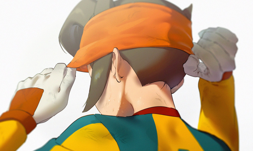 1boy adjusting_clothes adjusting_headwear blurry brown_hair close-up depth_of_field endou_haru from_behind gloves hands_up headband highres inazuma_eleven_(series) long_sleeves male_focus omisotayan portrait short_hair simple_background solo sportswear sweat white_background white_gloves