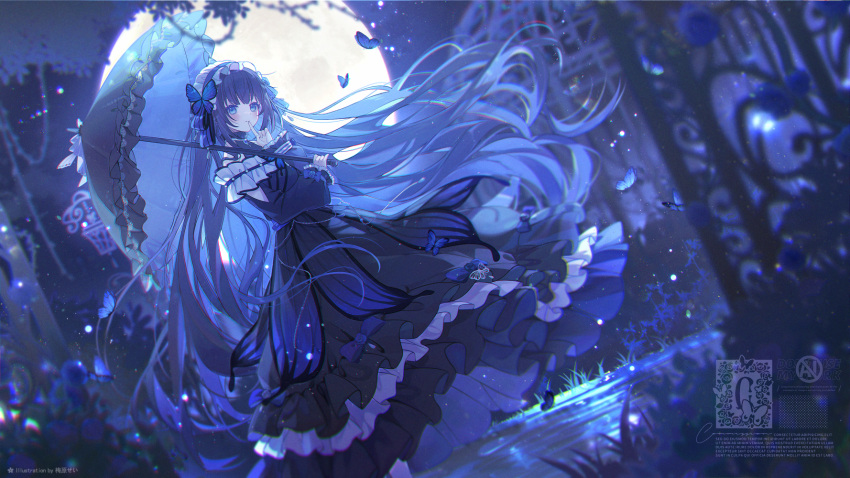1girl blue_eyes blue_flower blue_rose bug butterfly commission detached_sleeves dress finger_to_mouth flower frilled_dress frills hairband highres holding holding_umbrella lolita_hairband long_hair moon night night_sky original rose sky solo umbrella umehara_sei very_long_hair