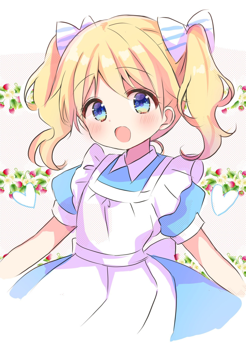 1girl alice_cartelet apron blonde_hair blue_dress blue_eyes blush dress heart highres kin-iro_mosaic long_hair looking_at_viewer nanami_ayane_(kusunoki5050) open_mouth puffy_short_sleeves puffy_sleeves short_sleeves smile solo twintails upper_body white_apron