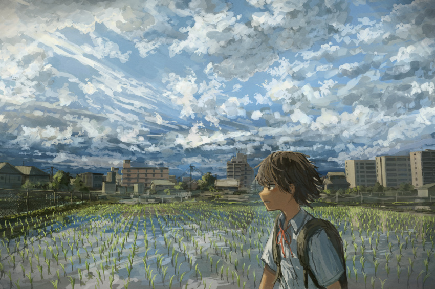 1girl absurdres anko1127 backpack bag blue_sky bright_pupils brown_eyes brown_hair building clouds cloudy_sky collared_shirt commentary_request day floating_hair from_side furrowed_brow highres looking_ahead neck_ribbon open_mouth original outdoors red_ribbon ribbon rice_paddy scenery school_uniform shirt short_hair short_sleeves sky solo summer town white_pupils white_shirt wind