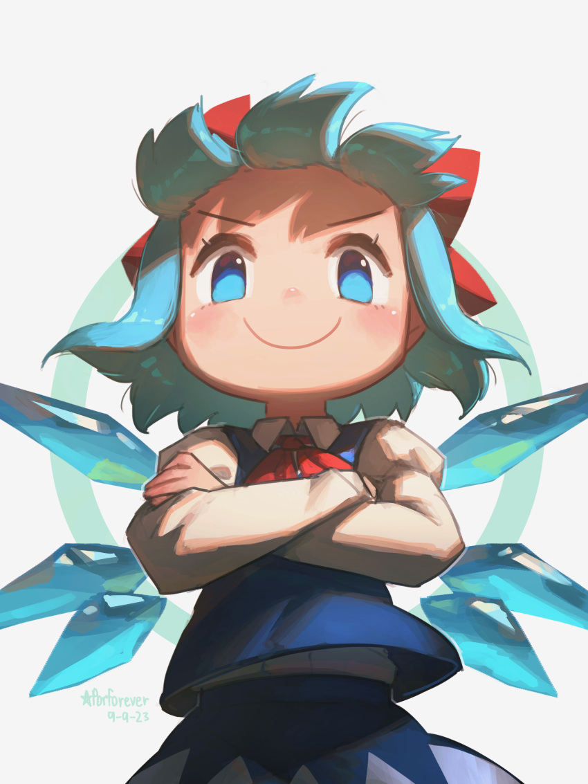1girl absurdres artist_name blue_eyes blue_hair blue_skirt blue_vest bow cirno cirno_day closed_mouth collared_shirt crossed_arms dated detached_wings fairy hair_bow highres ice ice_wings long_sleeves looking_at_viewer porforever red_bow shirt short_hair signature skirt smile solo touhou upper_body v-shaped_eyebrows vest white_shirt wings
