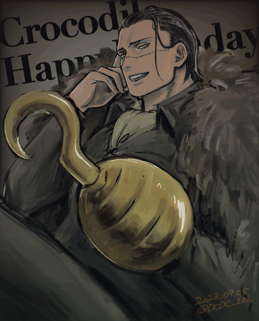 1boy absurdres ascot black_hair cigar collared_shirt crocodile_(one_piece) dcdc_28h feet_out_of_frame hair_slicked_back happy_birthday highres hook_hand looking_at_viewer male_focus mature_male one_piece painterly scar scar_on_face scar_on_nose shirt short_hair smile smoking solo stitches