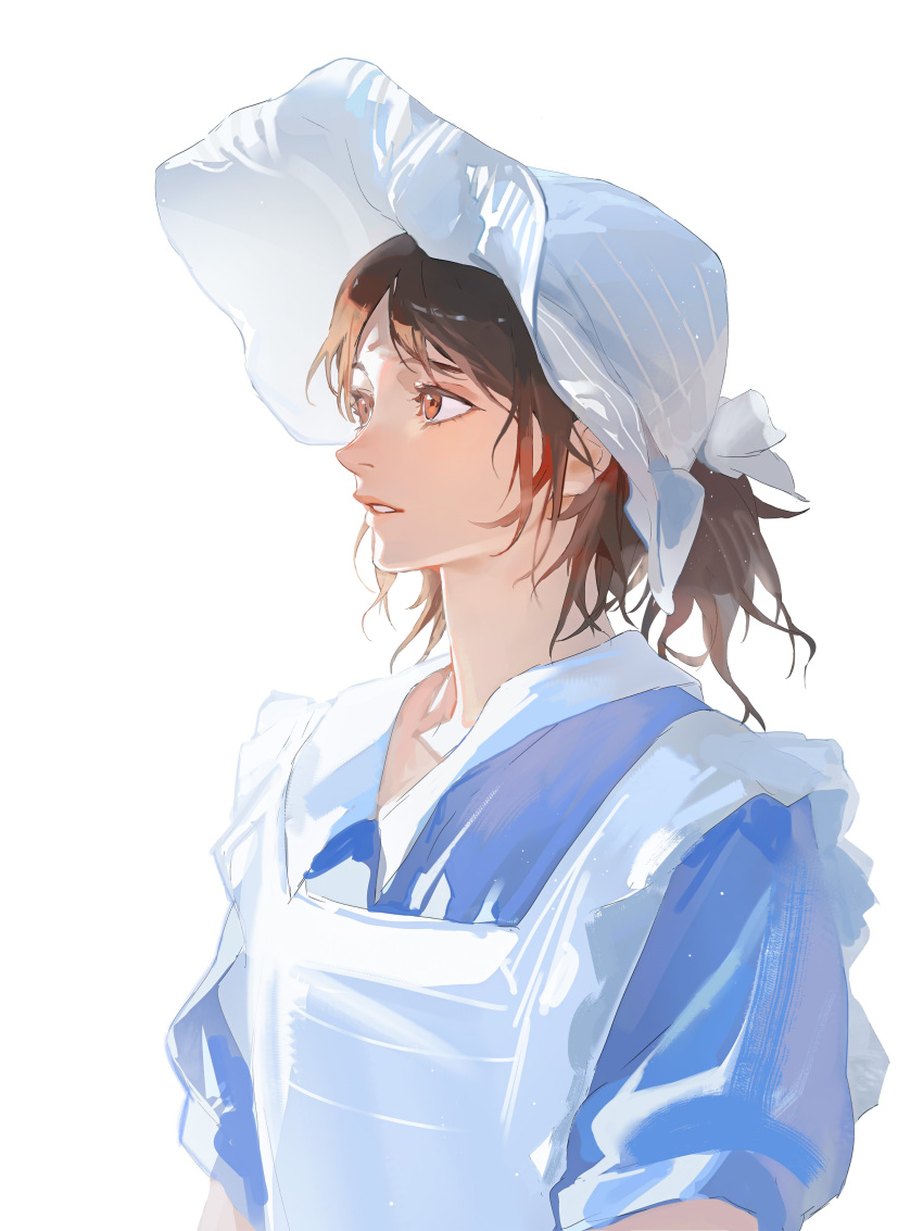1girl absurdres apron blue_skirt brown_eyes brown_hair chinese_commentary commentary_request from_side highres maid maid_apron original parted_lips short_sleeves simple_background skirt solo teeth upper_body wangan white_apron white_background