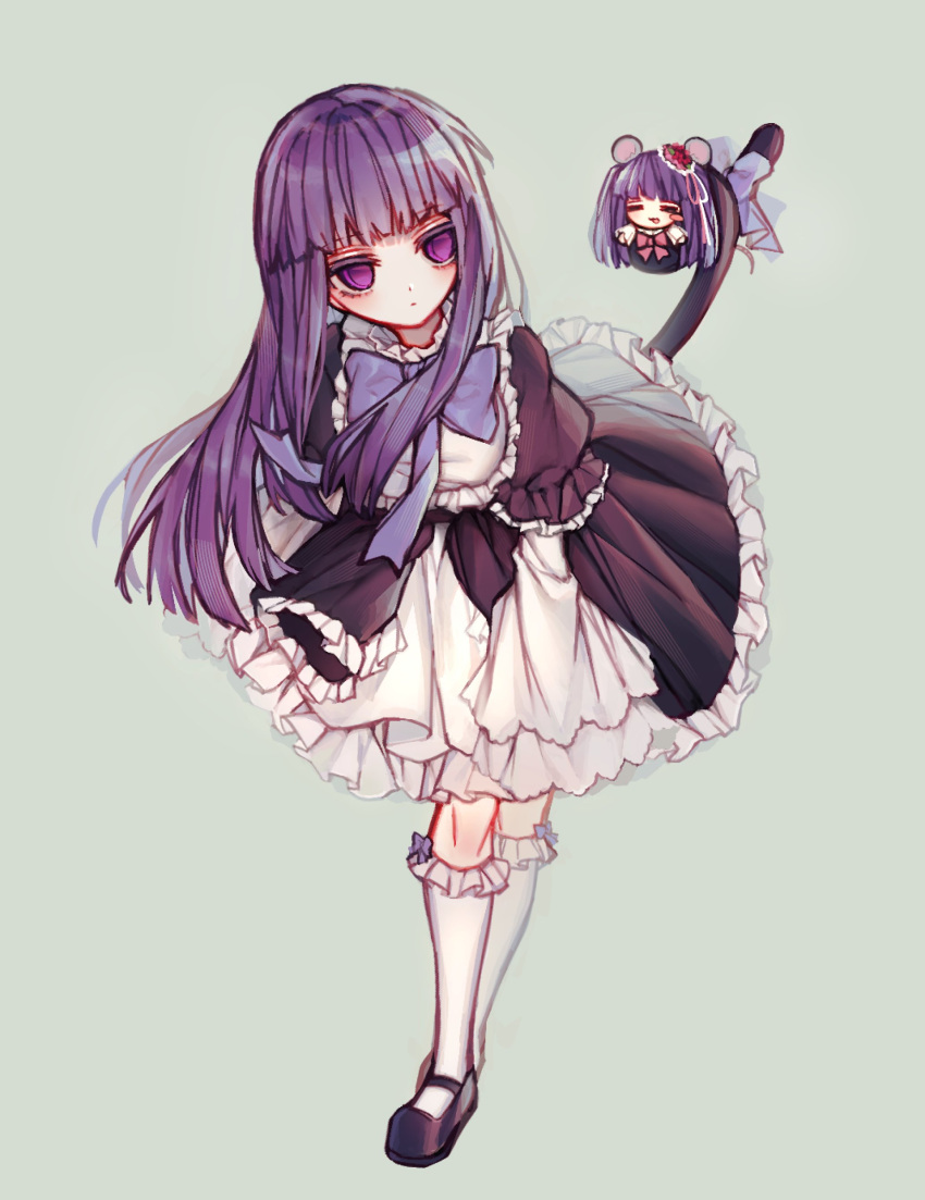 2girls :3 :p =_= absurdres animal_ears black_dress black_footwear blue_bow blue_bowtie blush_stickers bow bow_legwear bowtie cat_tail chibi dress empty_eyes flower frederica_bernkastel frilled_dress frilled_sleeves frilled_socks frills full_body furudo_erika green_background hair_flower hair_ornament hair_ribbon highres hime_cut kneehighs layered_dress long_hair looking_at_another mary_janes mini_person minigirl mouse_ears mouse_girl mouse_tail multiple_girls najaggwaeng pink_bow pink_bowtie puffy_sleeves purple_hair ribbon shoes sidelocks simple_background single_blush_sticker sleeves_past_fingers sleeves_past_wrists socks standing tail tail_bow tail_ornament tongue tongue_out twintails umineko_no_naku_koro_ni violet_eyes white_socks wide_sleeves