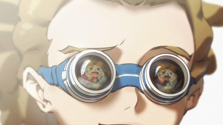 1boy blonde_hair close-up commentary endou_mamoru goggles highres inazuma_eleven_(series) kidou_yuuto male_focus omisotayan portrait simple_background solo symbol-only_commentary white_background