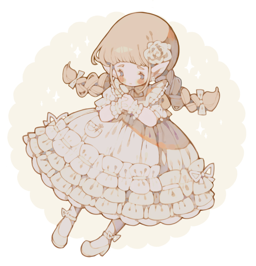 1girl apron blonde_hair blue_eyes blunt_bangs blush_stickers bow braid chibi circle clip_studio_paint_(medium) dress dress_ribbon earrings english_commentary eyelashes final_fantasy final_fantasy_xiv flower flower_earrings footwear_ribbon frilled_apron frilled_dress frilled_wrist_cuffs frills hair_bow hair_flower hair_lift hair_ornament hands_on_own_face high_heels highres jewelry lalafell layered_dress light_blush littlebluemuffin long_dress long_hair low_twin_braids maid painttool_sai_(medium) parted_lips pocket pointy_ears puffy_short_sleeves puffy_sleeves ribbon ribbon-trimmed_apron ribbon-trimmed_dress ribbon_trim rose short_sleeves sparkle twin_braids warrior_of_light_(ff14) white_apron white_background white_bow white_dress white_flower white_footwear white_ribbon white_rose white_wrist_cuffs