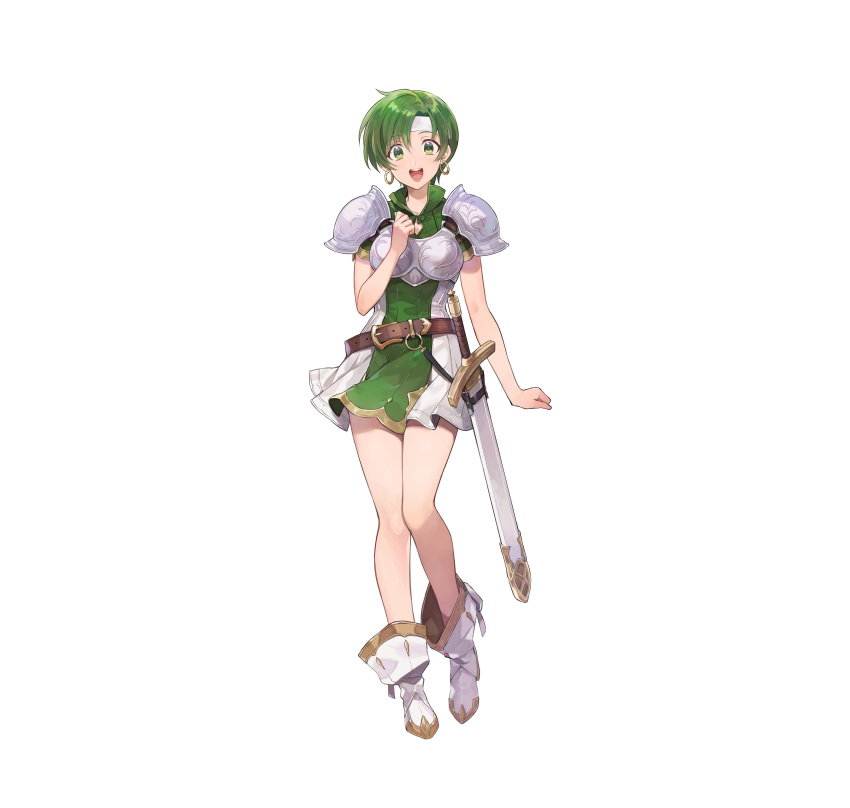 1girl absurdres armor belt boots breastplate commentary_request dress earrings fee_(fire_emblem) fire_emblem fire_emblem:_genealogy_of_the_holy_war fire_emblem_heroes full_body gold_trim green_eyes grey_hair hand_on_own_chest hand_up headband highres jewelry looking_at_viewer official_art open_mouth sheath sheathed short_dress short_hair short_sleeves shoulder_armor simple_background smile solo standing sword teeth upper_teeth_only weapon white_background white_headband yuko_(uc_yuk)