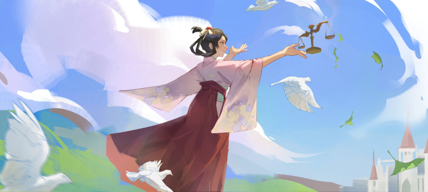 1girl absurdres ace_attorney animal arms_up bird blue_sky brown_hair castle erquanquan feet_out_of_frame floral_print from_side furisode hair_rings hakama hakama_skirt highres japanese_clothes kimono leaf long_skirt pink_kimono pleated_skirt print_kimono profile red_skirt scales skirt sky solo susato_mikotoba the_great_ace_attorney topknot white_bird