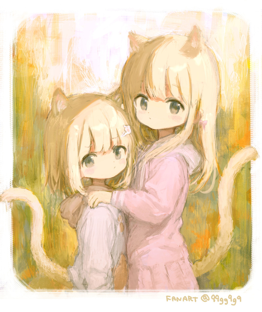 2girls absurdres animal_ears black_eyes blonde_hair blush border borrowed_character bow cat_ears cat_girl cat_tail child closed_mouth dot_mouth dot_nose flat_chest frown hair_bow hair_ornament hairclip hands_on_another's_shoulders highres hood hood_down hoodie long_hair long_sleeves looking_at_viewer multiple_girls original parfait_(hawawa) pink_bow pink_hoodie pink_skirt sho_(sho_lwlw) short_hair sidelocks skirt standing tail twitter_username white_border white_hoodie