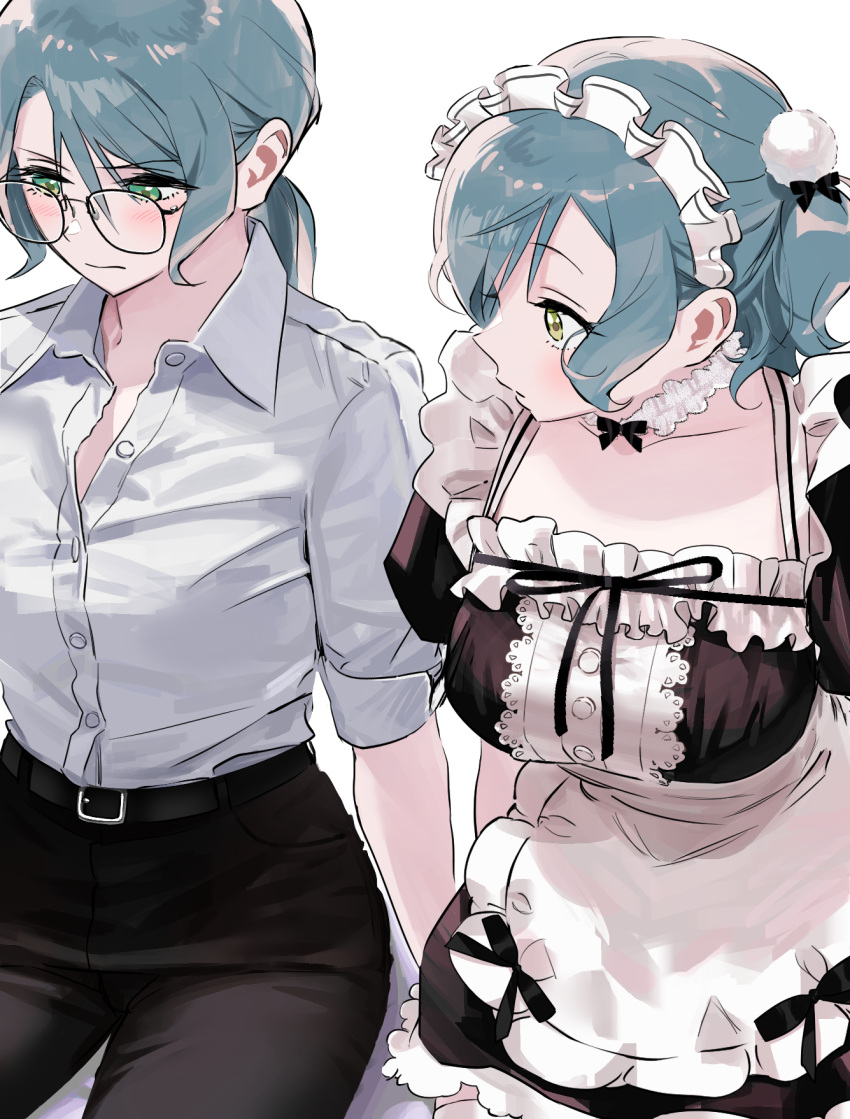 2girls apron aqua_hair arm_support bang_dream! belt belt_buckle bespectacled black_belt black_dress black_pants blush breasts buckle choker closed_mouth collarbone collared_shirt commentary dress dress_shirt embarrassed frilled_apron frilled_choker frilled_dress frills glasses green_eyes hair_between_eyes highres hikawa_hina hikawa_sayo incest large_breasts long_hair looking_at_another maid maid_apron maid_headdress medium_hair multiple_girls office_lady pants ponytail puffy_short_sleeves puffy_sleeves shirt short_sleeves siblings sidelocks simple_background thigh-highs twins white_background white_shirt white_thighhighs zettai_ryouiki zihacheol
