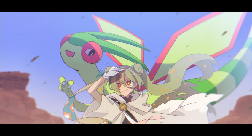 1girl black_shirt blue_sky cliff cloak closed_mouth commentary double_bun flygon gloves green_hair hair_between_eyes hair_bun hand_up happy hatsune_miku highres hood hooded_cloak looking_afar motosuke open_mouth outdoors pokemon pokemon_(creature) project_voltage red_eyes shirt sky smile solo spiky_hair upper_body vocaloid white_cloak white_gloves