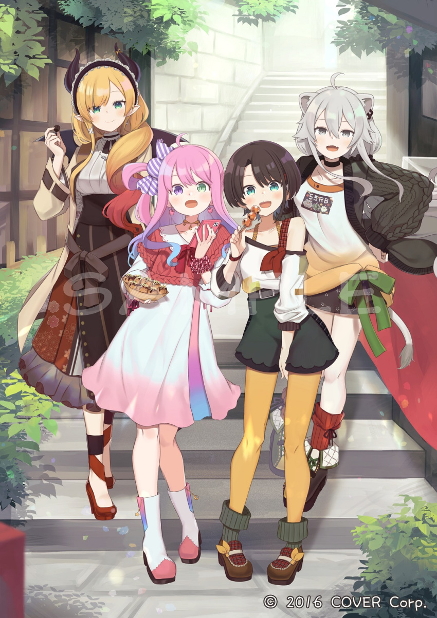 4girls :d ahoge animal_ear_fluff animal_ears black_hairband black_skirt black_wings blonde_hair blue_hair blush boots bow breasts brown_coat brown_footwear brown_hair brown_skirt candy_hair_ornament cellphone closed_mouth clothes_writing coat collarbone commentary_request day demon_girl demon_horns demon_wings dress ear_piercing earrings fang food food-themed_hair_ornament frilled_skirt frills gradient_hair green_bow green_eyes green_shorts grey_eyes grey_hair grey_jacket hair_between_eyes hair_ornament hair_rings hairband hand_on_own_hip heart heart_earrings heterochromia high-waist_skirt highres himemori_luna holding holding_food holding_phone hololive horns jacket jewelry large_breasts lion_ears lion_girl lion_tail long_hair long_sleeves multicolored_hair multiple_girls off_shoulder official_art one_side_up oozora_subaru open_clothes open_coat open_jacket outdoors pantyhose pantyhose_under_shorts parted_bangs phone piercing pink_dress pink_hair pointy_ears puffy_long_sleeves puffy_sleeves purple_hair red_footwear red_socks redhead ribbed_socks sample_watermark shirt shishiro_botan shorts skirt sleeves_past_wrists smile socks stairs standing tail takoyaki totatokeke very_long_hair violet_eyes virtual_youtuber white_dress white_footwear white_shirt wings yellow_pantyhose yuzuki_choco