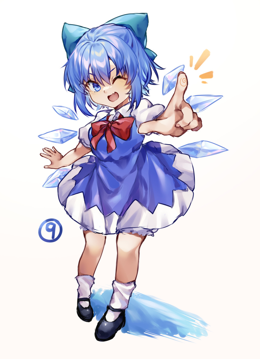 1girl :d ;d absurdres black_footwear bloomers blue_bow blue_dress blue_eyes blue_hair bow bowtie chinese_commentary circled_9 cirno collared_shirt commentary_request detached_wings dress fang full_body hair_bow highres ice ice_wings index_finger_raised looking_at_viewer one_eye_closed open_mouth red_bow red_bowtie shirt short_hair short_sleeves simple_background skin_fang smile socks solo touhou underwear utsuro114514 white_background white_shirt white_socks wings