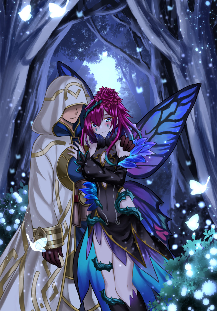 1boy 1girl 74 bare_shoulders blue_eyes commission couple fairy fairy_wings fire_emblem fire_emblem_heroes forest hand_on_another's_shoulder hetero highres hood hood_up hooded_robe kiran_(fire_emblem) kiran_(male)_(fire_emblem) nature purple_hair robe skeb_commission triandra_(fire_emblem) wings