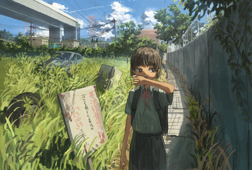 1girl absurdres anko1127 arm_at_side black_skirt bright_pupils brown_eyes brown_hair car chain-link_fence clouds commentary_request contrail cowboy_shot cumulonimbus_cloud day dress_shirt fence grass grey_shirt hand_up highres looking_to_the_side motor_vehicle neck_ribbon open_mouth original outdoors overpass path plant power_lines red_ribbon refrigerator ribbon rust scenery school_uniform shirt short_hair short_sleeves sign skirt solo summer sweat tall_grass tire town utility_pole vines wall white_pupils wiping_sweat
