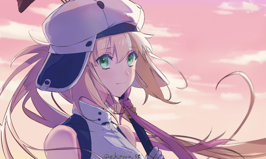 1girl absurdres artoria_caster_(fate) artoria_caster_(first_ascension)_(fate) artoria_pendragon_(fate) bare_shoulders blonde_hair blush breasts buttons closed_mouth clouds cloudy_sky collar eiki_(eikityou_55) evening fate/grand_order fate_(series) fur_hat gloves gold_trim green_eyes grey_gloves hat highres holding holding_staff long_hair pink_ribbon ribbon sky small_breasts staff twintails ushanka vest white_background white_vest