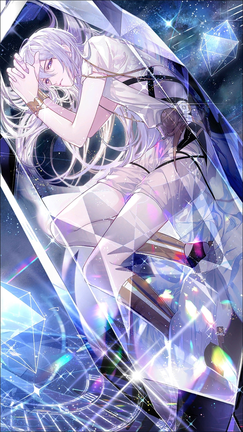 1boy analog_clock armor bangle belt bracelet clock cross-laced_clothes crystal encasement floating_hair for_all_time full_body greaves hair_between_eyes highres jewelry long_hair looking_at_viewer lying male_focus official_art on_side own_hands_together parted_lips sandals short_sleeves sideless_outfit sky solo star_(sky) starry_sky tunic violet_eyes white_hair white_tunic yexuan zhenzhibang149