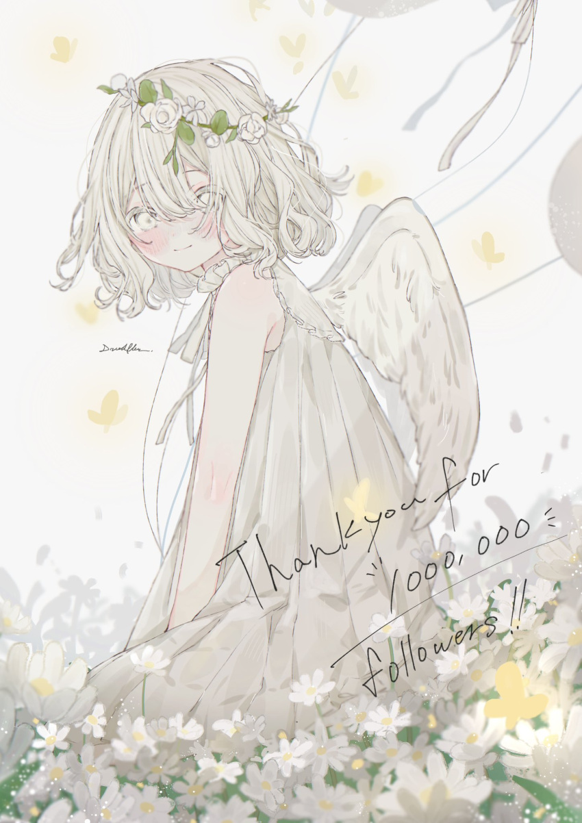 1girl angel_wings artist_name blush bug butterfly closed_mouth dress driedflower feathered_wings flower hair_between_eyes head_wreath highres looking_at_viewer looking_to_the_side milestone_celebration original short_hair signature sleeveless smile solo white_dress white_flower white_hair white_wings wings