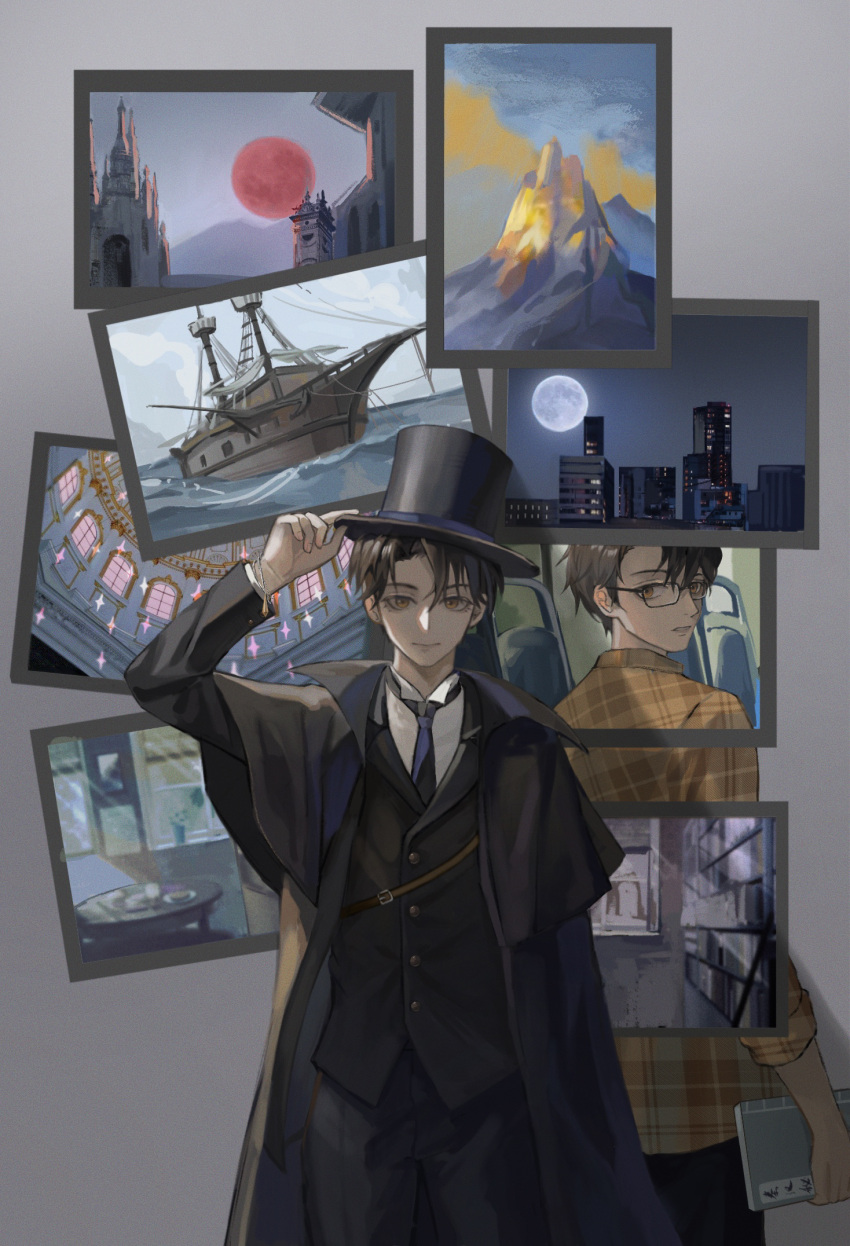 2boys adjusting_clothes adjusting_headwear black_coat black_hair black_headwear black_jacket black_necktie black_pants book brown_eyes building castle church city_lights clouds cloudy_sky coat fingernails full_moon glasses grey_background hat highres holding holding_book jacket klein_moretti looking_at_viewer looking_back lord_of_the_mysteries maikelaien moon mountain multiple_boys necktie night night_sky ocean pants parted_lips pendulum picture_(object) red_moon red_star shaded_face ship shirt short_hair simple_background sky smile star_(symbol) table teeth top_hat watercraft white_shirt