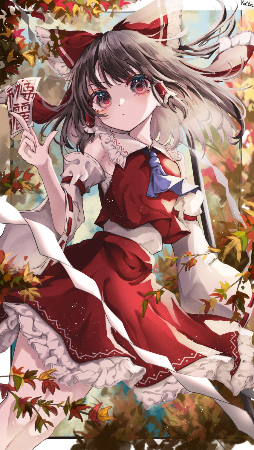 1girl absurdres ascot bare_shoulders blue_ascot bow brown_eyes brown_hair closed_mouth detached_sleeves feet_out_of_frame frilled_skirt frills hair_bow hair_tubes hakurei_reimu highres holding japanese_clothes kayon_(touzoku) long_hair looking_at_viewer nontraditional_miko ofuda red_bow red_skirt ribbon-trimmed_sleeves ribbon_trim sidelocks skirt solo touhou white_sleeves wide_sleeves