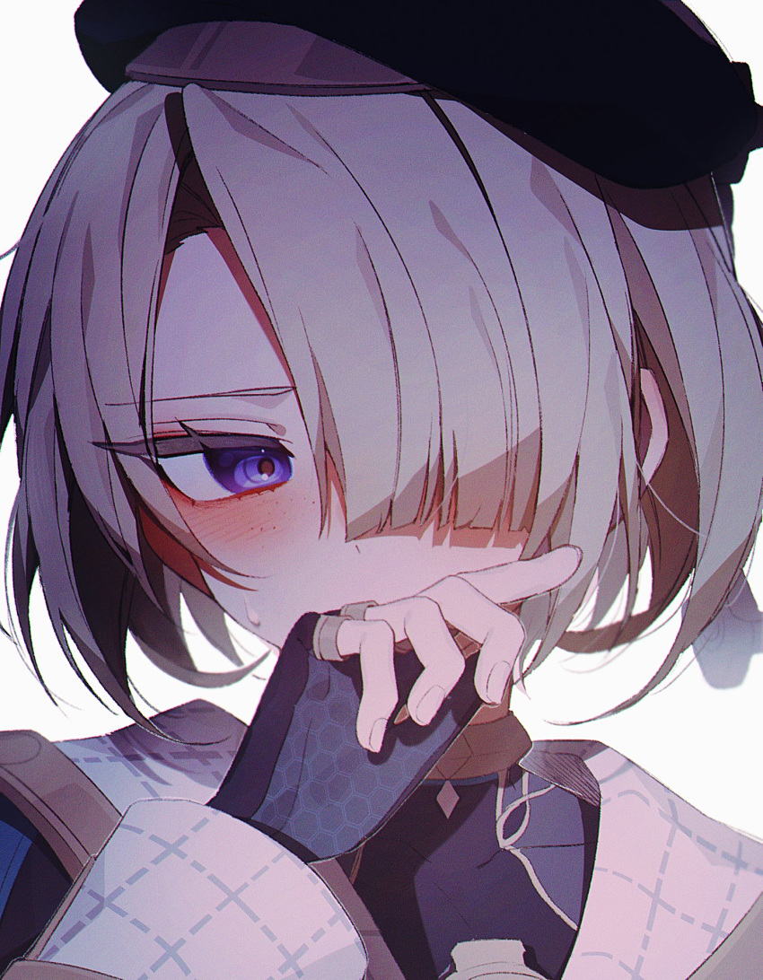 1boy androgynous beret black_gloves black_headwear blonde_hair blue_shirt blush coojisan embarrassed facing_viewer fingerless_gloves freckles freminet_(genshin_impact) genshin_impact gloves hair_over_one_eye hat highres jacket looking_to_the_side male_focus one_eye_covered shirt short_hair solo violet_eyes white_jacket