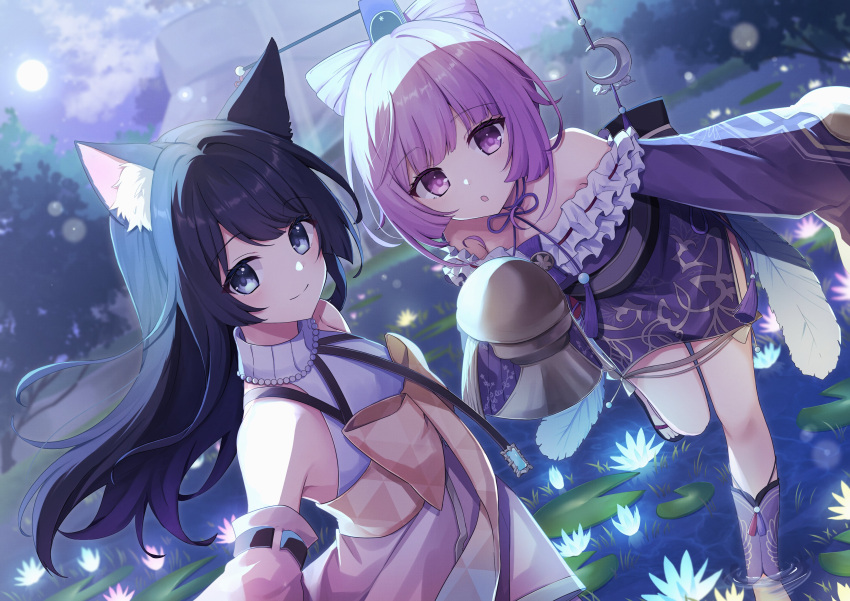 2girls absurdres animal_ear_fluff animal_ears atelier_(series) atelier_resleriana atelier_sophie bare_shoulders black_hair blunt_bangs bow cat_ears cat_girl cornelia_(atelier) dalachi_(headdress) detached_sleeves dress frilled_dress frills grey_eyes hair_ornament hat highres izana_kokoschka japanese_clothes jewelry kimono lily_pad long_hair looking_at_viewer multiple_girls necklace night open_mouth outdoors parted_lips pearl_necklace pink_dress pond promotional_art purple_hair sash shirase_(shirose) short_hair short_kimono sleeves_past_wrists smile swept_bangs violet_eyes yellow_bow yellow_sash