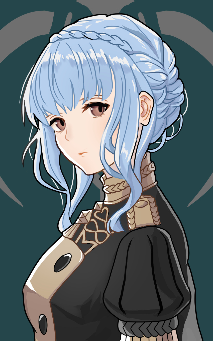 1girl absurdres blue_hair braid brown_eyes buttons closed_mouth commentary crown_braid dangouo_ty epaulettes expressionless fire_emblem fire_emblem:_three_houses garreg_mach_monastery_uniform highres juliet_sleeves long_sleeves looking_at_viewer marianne_von_edmund puffy_sleeves short_hair short_hair_with_long_locks sidelocks solo uniform