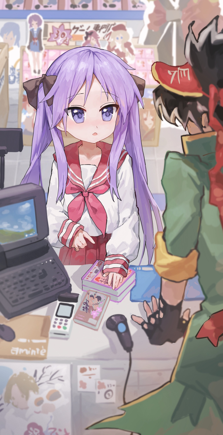 1girl absurdres anime_tenchou anisawa_meito blush cashier coat fingerless_gloves gloves green_coat highres hiiragi_kagami lucky_star manga_(object) mouse_(computer) nagato_yuki open_mouth pointing poster_(object) purple_hair red_sailor_collar red_skirt sailor_collar sentter shop skirt suzumiya_haruhi_no_yuuutsu violet_eyes