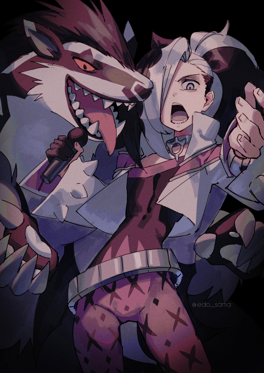 1boy 1other belt black_background black_hair claws collar commentary cropped_jacket edo-sama eyeshadow grey_belt grey_eyes grey_eyeshadow hair_over_one_eye hand_up highres holding holding_microphone jacket looking_at_viewer makeup male_focus microphone multicolored_hair obstagoon open_mouth pants piers_(pokemon) pink_pants pink_shirt pokemon pokemon_(creature) red_eyes sharp_teeth shirt simple_background solo teeth tongue tongue_out twitter_username two-tone_hair undercut white_hair white_jacket