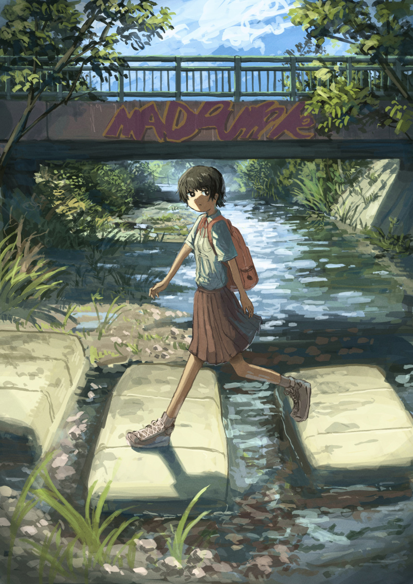 1girl absurdres anko1127 backpack bag black_eyes black_hair blue_sky bridge bright_pupils brown_skirt closed_mouth clouds cloudy_sky commentary_request day dress_shirt expressionless foliage graffiti grass highres light_frown neck_ribbon original outdoors pleated_skirt red_ribbon ribbon river scenery school_uniform shadow shallow_water shirt shirt_tucked_in shoes short_hair short_sleeves skirt sky sneakers solo stepping_stones tree walking water white_pupils wide_shot