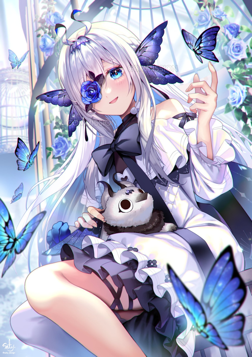 1girl black_bow black_bowtie blue_butterfly blue_eyes blush bow bowtie bug butterfly butterfly_wings commentary commission dress flower flower_over_eye frilled_dress frills head_wings highres indie_virtual_youtuber long_hair peri_indigo sitting skeb_commission solo symbol-only_commentary white_hair wings yukimichi_(nieko)