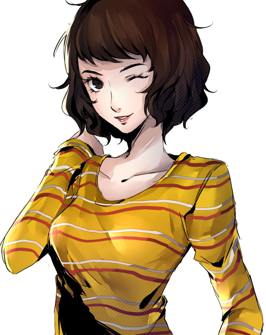 1girl brown_eyes brown_hair collarbone highres kawakami_sadayo long_sleeves looking_at_viewer one_eye_closed persona persona_5 pertex_777 shirt short_hair simple_background solo striped striped_shirt upper_body white_background