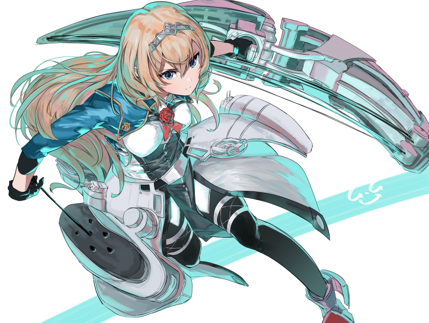 1girl black_gloves blonde_hair blue_eyes blush bow_(weapon) breasts compound_bow corset cropped_jacket dress flower gegeron gloves green_jacket hair_between_eyes hairband highres jacket kantai_collection long_hair long_sleeves machinery medium_breasts military_uniform open_mouth quiver red_flower red_rose rose simple_background smokestack_hair_ornament solo tiara uniform victorious_(kancolle) weapon