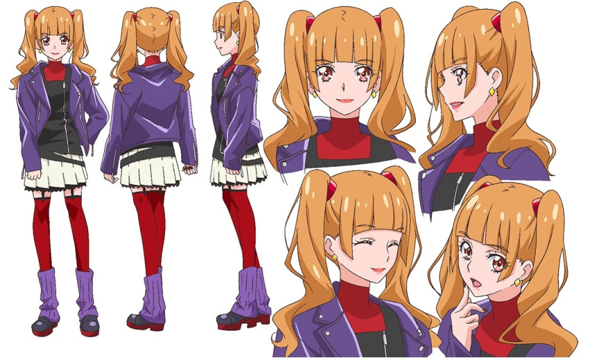 1girl aged_up aisaki_emiru artist_request boots brown_eyes brown_hair concept_art earrings eyelashes happy hugtto!_precure jacket jewelry long_hair looking_at_viewer official_art precure purple_jacket red_thighhighs reference_sheet simple_background skirt smile solo source_request standing thigh-highs thighs twintails white_background white_skirt