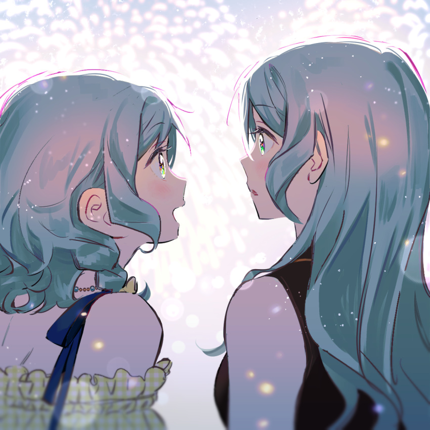 2girls aqua_hair bang_dream! bare_shoulders blonde_hair blush bow braid breasts commentary dress eye_contact frilled_dress frills green_eyes hair_between_eyes hair_bow highres hikawa_hina hikawa_sayo jewelry light_particles long_hair looking_at_another low_twin_braids medium_breasts medium_hair multiple_girls necklace off-shoulder_dress off_shoulder open_mouth profile siblings sidelocks sleeveless twin_braids twins upper_body yellow_bow zihacheol