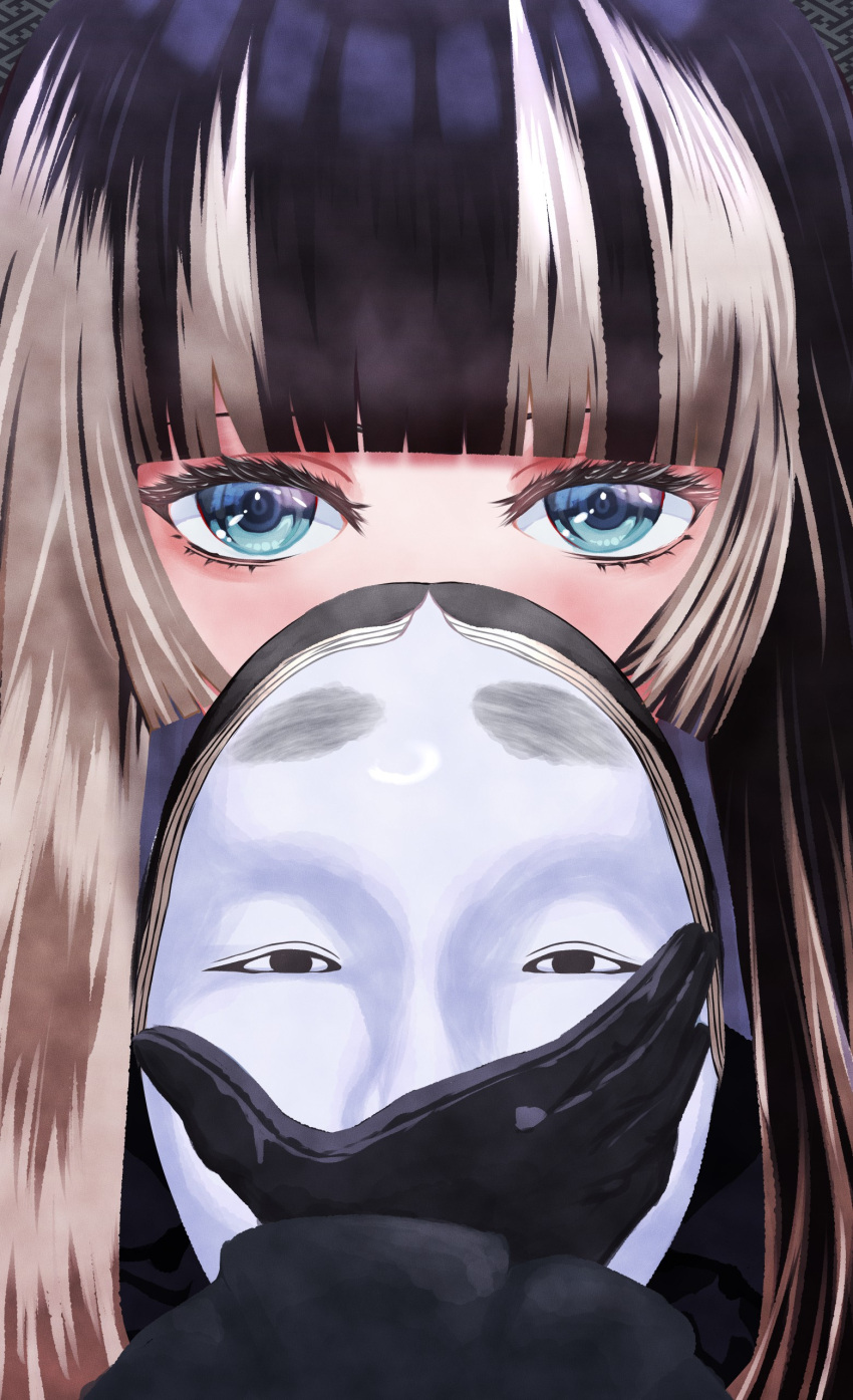 1girl absurdres black_gloves black_hair blonde_hair blue_eyes close-up covering_mouth gloves highres holding holding_mask hololive juufuutei_raden long_hair mask multicolored_hair noh_mask solo thedestinies thick_eyelashes two-tone_hair virtual_youtuber
