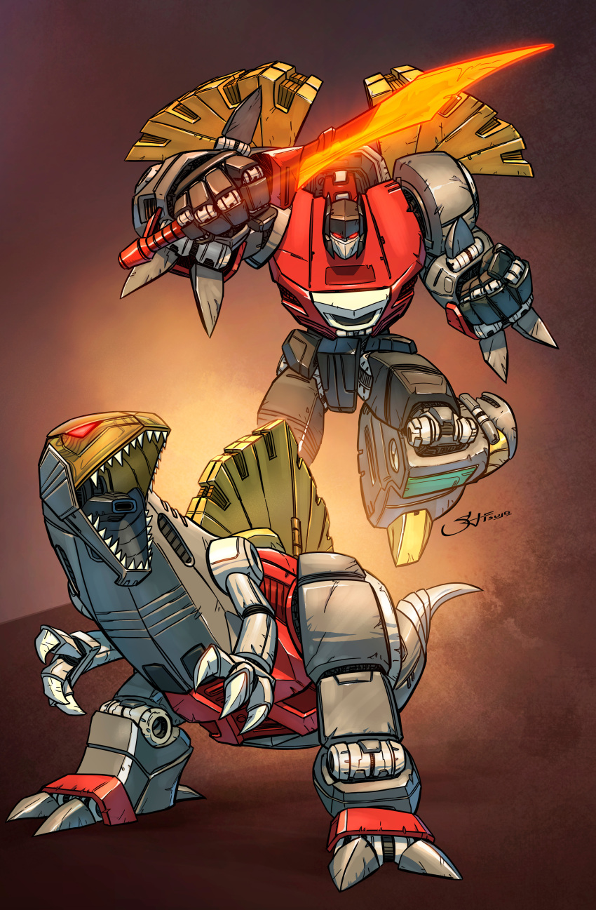 absurdres autobot claws dinosaur emblem energy_cannon energy_sword english_commentary fangs glowing highres jetstormsifuentes machinery mecha multiple_views muzzle no_humans official_style original red_eyes robot science_fiction scorn_(transformers) signature sword tongue transformers weapon when_you_see_it