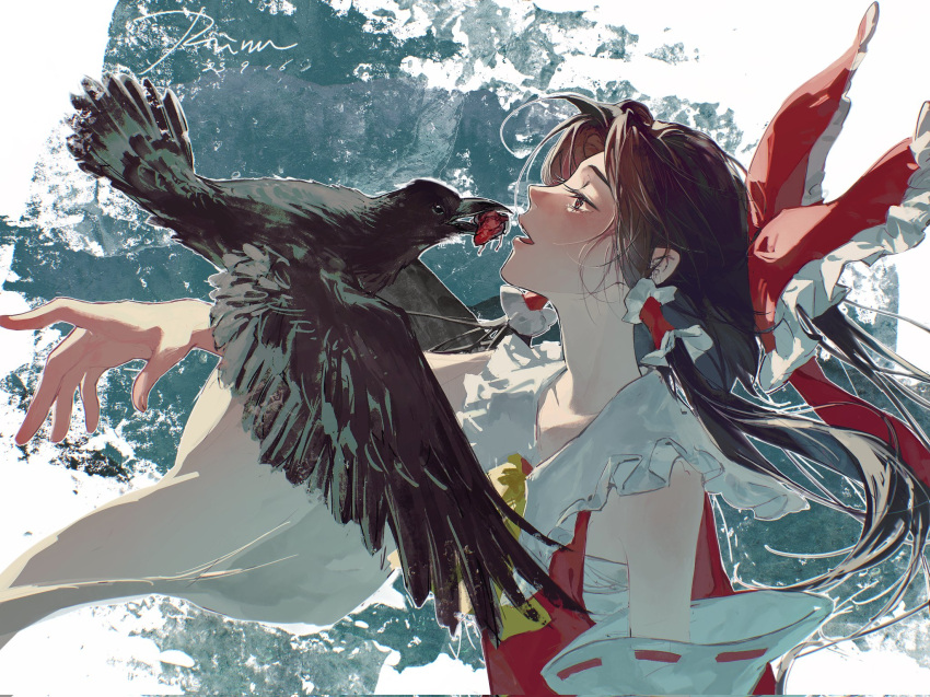 1girl aihara-rina bird bow brown_eyes brown_hair crow detached_sleeves food hair_bow hakurei_reimu highres looking_at_another meat nontraditional_miko open_mouth red_bow red_shirt shared_food shirt solo touhou white_sleeves