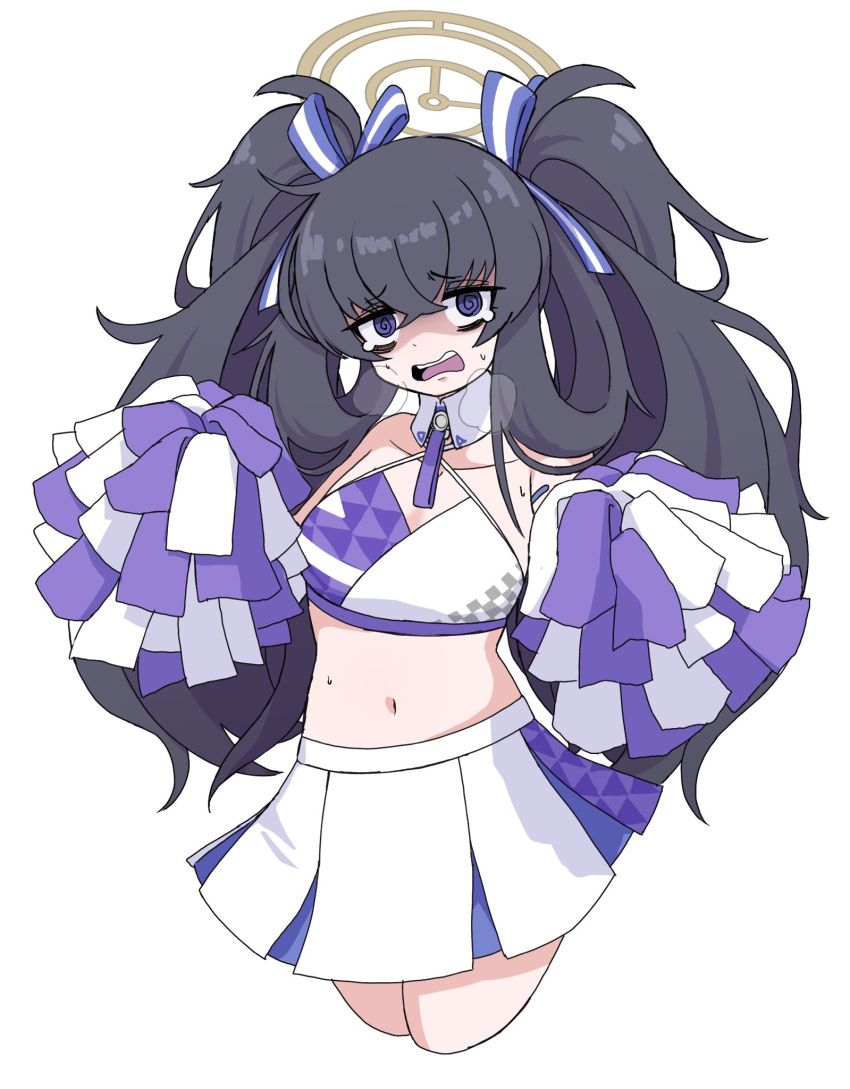 1girl @_@ black_hair blue_archive cheerleader detached_collar dr_yamero hair_between_eyes halo highres long_hair millennium_cheerleader_outfit_(blue_archive) navel pom_pom_(cheerleading) simple_background skirt twintails ui_(blue_archive) white_background