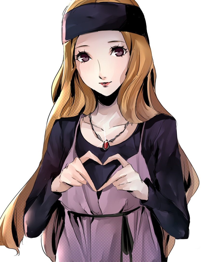 1girl blonde_hair brown_hair headband heart heart_hands highres jewelry long_hair looking_at_viewer mifune_chihaya necklace persona persona_5 pertex_777 simple_background solo upper_body violet_eyes white_background