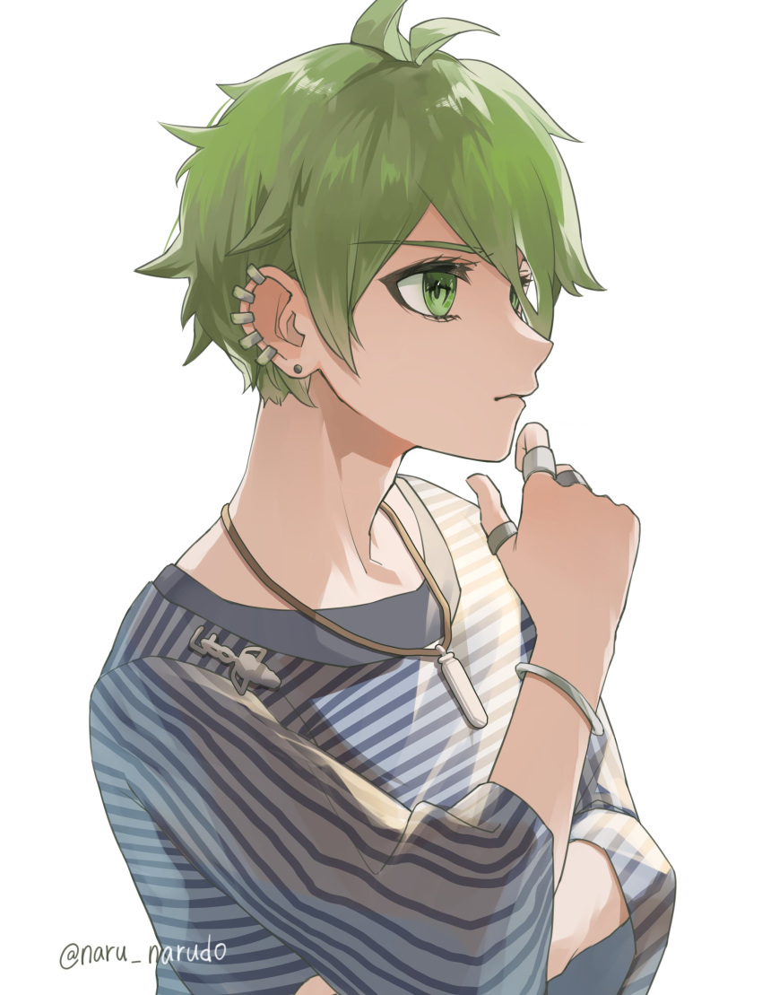 1boy absurdres amami_rantaro artist_name danganronpa_(series) danganronpa_v3:_killing_harmony ear_piercing earrings from_side green_eyes green_hair hair_between_eyes hand_on_own_chin hand_up highres jewelry long_sleeves male_focus narudo_(urhv8357) necklace piercing shirt short_hair simple_background striped striped_shirt thinking upper_body white_background