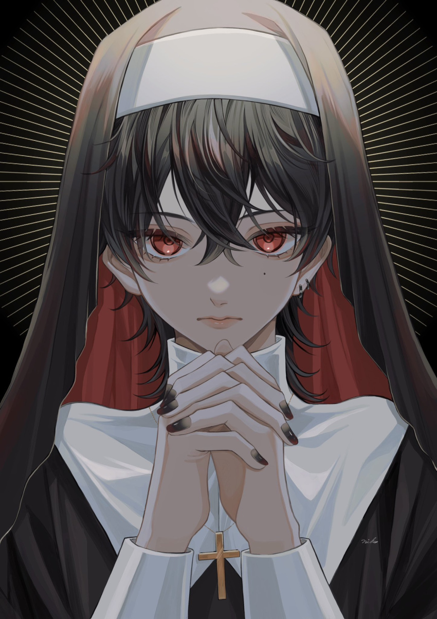 1boy black_hair black_nails closed_mouth cross cross_necklace earrings expressionless fingernails hair_between_eyes highres jewelry long_sleeves male_focus mole mole_under_eye nail_polish necklace nun original own_hands_together portrait red_eyes short_hair signature simple_background solo sosaku_25