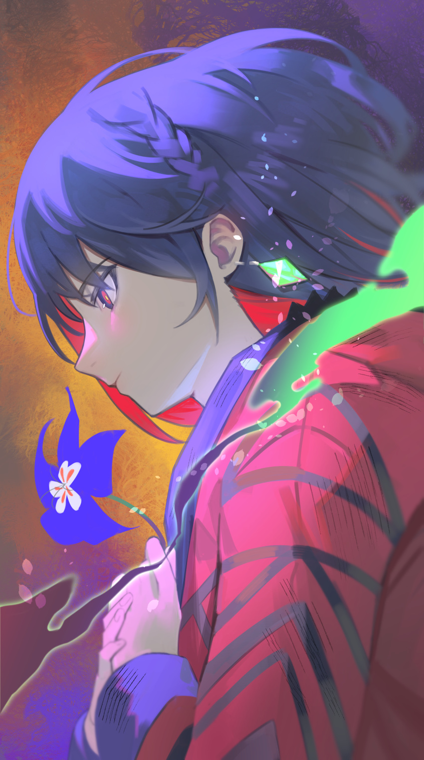 1girl absurdres blue_eyes blue_flower blue_hair blue_jacket braid closed_mouth colored_inner_hair commentary diamond_earrings earrings expressionless falling_petals flower from_side hands_on_own_chest highres holding holding_flower hood hood_down hooded_jacket hoodie jacket jewelry kamitsubaki_studio kouhiipan long_sleeves medium_bangs multicolored_background multicolored_clothes multicolored_eyes multicolored_hair multicolored_jacket own_hands_together petals red_hoodie red_jacket redhead rim_(kamitsubaki_studio) short_braid short_hair side_braid single_braid single_earring solo upper_body virtual_youtuber yellow_pupils