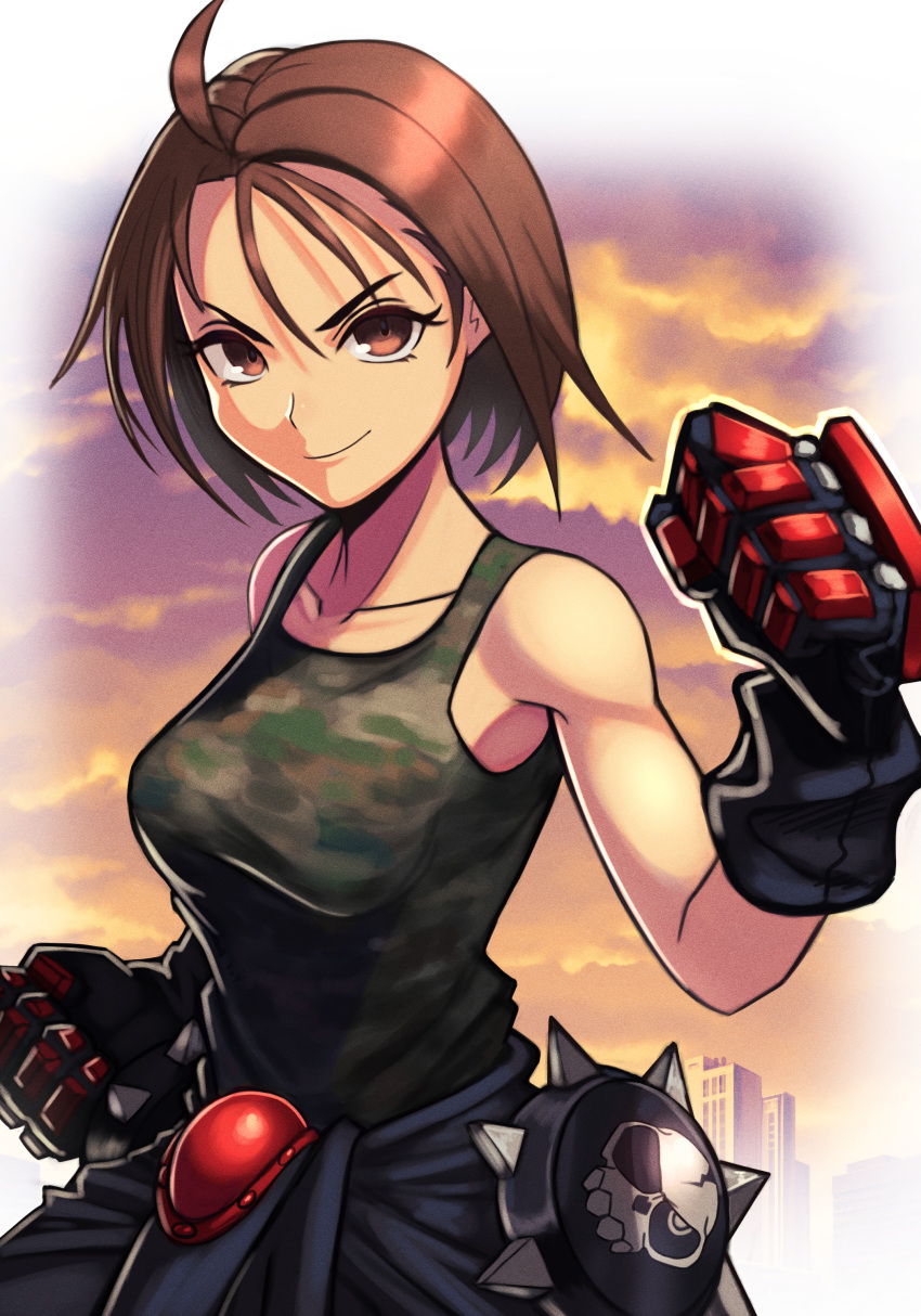 1girl absurdres ahoge breasts brown_eyes brown_hair building camouflage camouflage_tank_top fighting_stance gloves highres kazama_akira looking_at_viewer medium_breasts rival_schools short_hair silverchariotx smile solo street_fighter street_fighter_v sunset