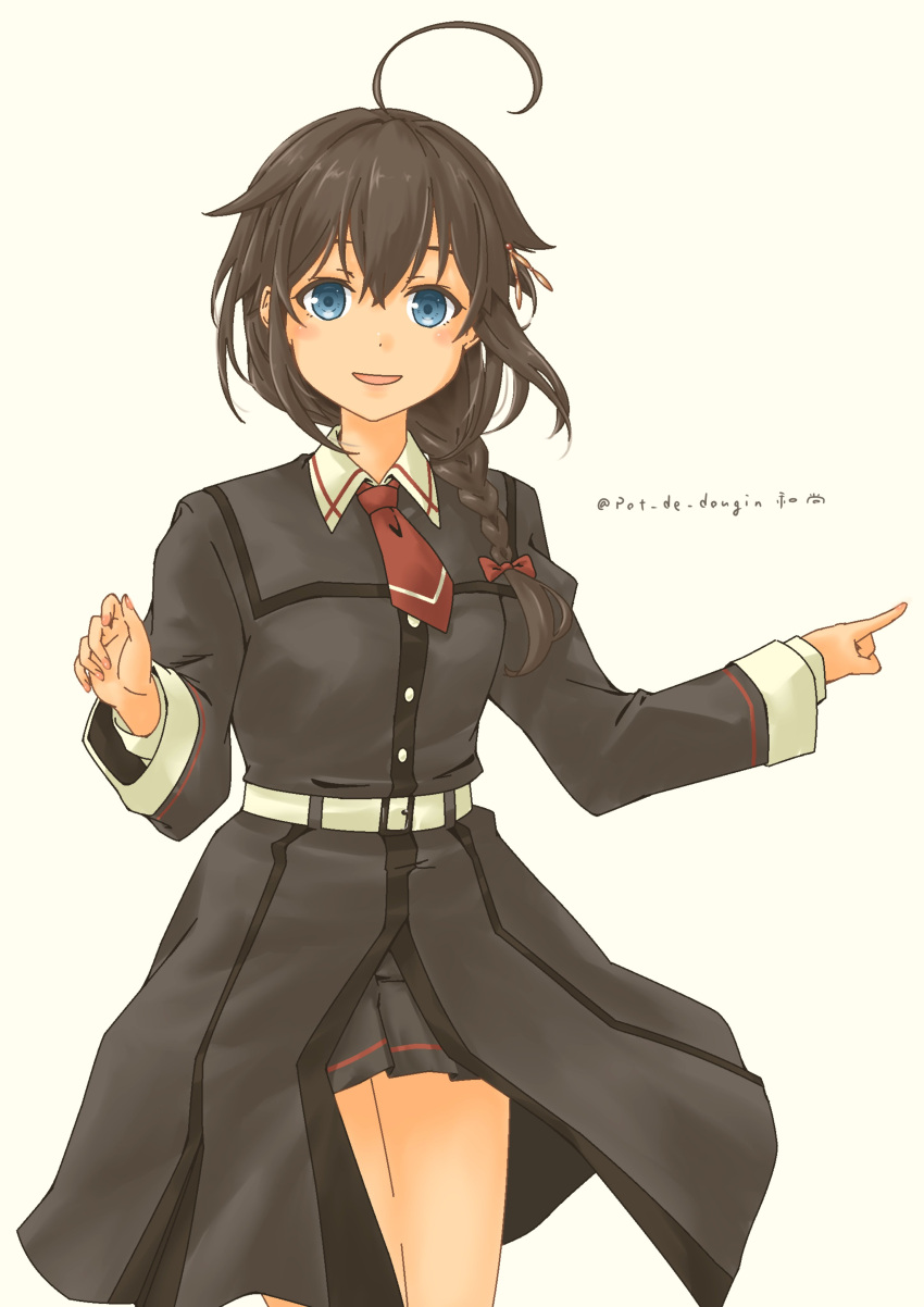 1girl absurdres ahoge black_coat black_hair black_skirt blue_eyes braid coat hair_flaps hair_over_shoulder highres kantai_collection looking_at_viewer official_alternate_costume pleated_skirt pointing pot-de shigure_(kancolle) shigure_kai_ni_(kancolle) simple_background single_braid skirt solo white_background