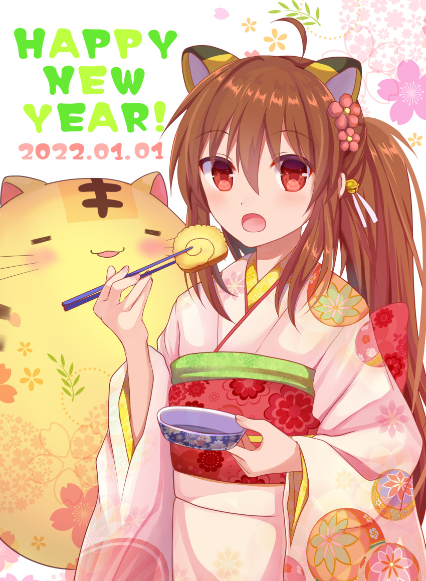 1girl 2022 :3 :o =_= absurdres ahoge akausagi alternate_costume animal_ears bell blush brown_hair chinese_zodiac chopsticks dated dated_commentary doruji eyes_visible_through_hair floral_print flower hair_bell hair_between_eyes hair_flower hair_ornament hair_ribbon hand_up happy_new_year highres holding holding_chopsticks holding_tray japanese_clothes jingle_bell kimono little_busters! long_hair long_sleeves looking_at_viewer natsume_rin open_mouth pink_kimono ponytail red_eyes red_flower red_sash ribbon sash sidelocks simple_background solo tiger_ears tray very_long_hair white_background white_ribbon wide_sleeves year_of_the_tiger yukata