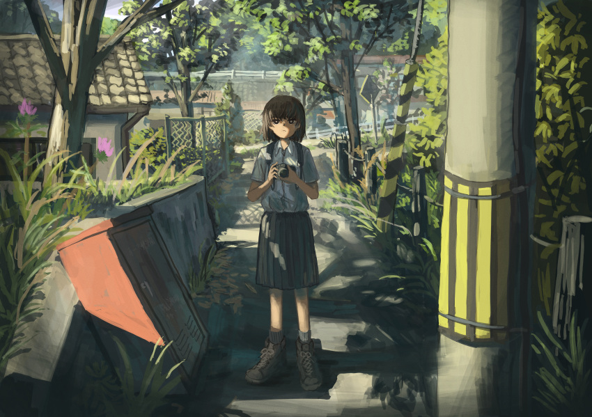 1girl absurdres anko1127 black_skirt boots brown_footwear brown_hair camera collared_shirt commentary_request dappled_sunlight day drainpipe dress_shirt expressionless fence foliage grass grey_shirt highres holding holding_camera house looking_at_viewer original outdoors parted_lips path pleated_skirt ribbed_socks road_sign scenery school_uniform shirt shirt_tucked_in short_hair short_sleeves sign skirt solo spring_(season) straight-on sunlight tall_grass tree utility_pole wide_shot