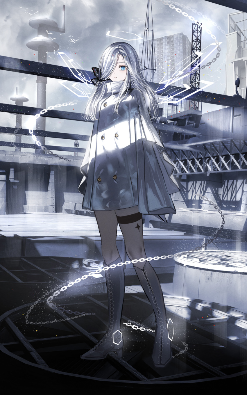 1girl absurdres blue_eyes boots building buttons chain chimney clouds cloudy_sky coat double-breasted full_body gawako hair_over_one_eye halo high_collar high_heel_boots high_heels highres looking_at_viewer original outdoors rooftop sky skyscraper solo standing thigh_strap white_coat white_footwear white_hair
