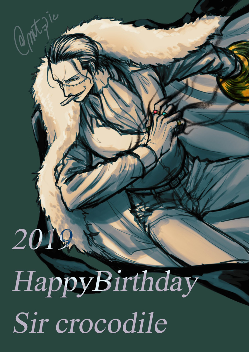 1boy 2019 ascot black_hair cigar coat collared_shirt crocodile_(one_piece) feet_out_of_frame hair_slicked_back happy_birthday highres holding jewelry looking_to_the_side male_focus mature_male mt_pie multiple_rings one_piece pants ring scar scar_on_face scar_on_nose shirt short_hair smirk smoking solo spot_color stitches